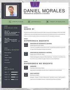 a professional resume template with green accents and an image on the front, black background