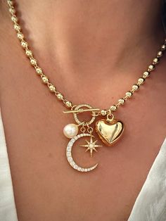 Gold Puff Heart Necklace, Moon and star Necklace, Heart Necklace, Chunky Ball Chain, Celestial Necklace, Love you to the moon Gift for her >> BECAUSE THE CHAIN IS CUT TO ORDER, NO RETURN OR EXCHANGE FOR THIS NECKLACE << --------------------------------------------------------------------- + FEATURES + - Gold filled Ball Chain - High Quality Gold plated Textured Puffy Heart measures approx. 20mm x 20 - 18K Gold Vermeil Crescent moon charm measures approx. 25mm x 20mm - Gold filled star charm with Star Necklace Aesthetic, Big Heart Necklace, Wire Crochet Necklace, Unique Pendant Necklace, Moon Gifts, Celestial Necklace, Puffed Heart, Puffy Heart