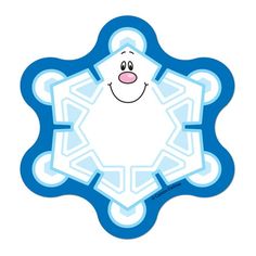 a blue and white snowflake with a smiling face