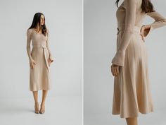 Beige classic women's knitted midi dress. Sweaterdress with pleated skirt and belt. Long sleeves knitted dress. Formal warm winter dress Material: blend of Cotton 90%, Viscose 10% Colours: Milky, Beige,Black,Sage, Emerald SIZE/LENGTH: XS-S-115cm  S-M-118cm  L-XL- 121 cm  XL-XXL-123cm Model on the Foto  170cm- S size PRODUCT CARE  - It is recommended to handwash 30oC. -twist carefully  Feel Free to Ask Any Question about Sizing and Fit. FREE DELIVERY WORLWIDE! Knitted Dress For Office, Beige Knit Dress, Dress For Office, Warm Winter Dresses, Knitted Winter Dress, Black Sage, Knitted Midi Dress, Long Sleeve Knit Dress, Winter Dress