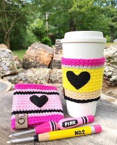 coffee cup cozying with crochet and markers