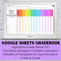 the google sheets grade book is displayed on a laptop