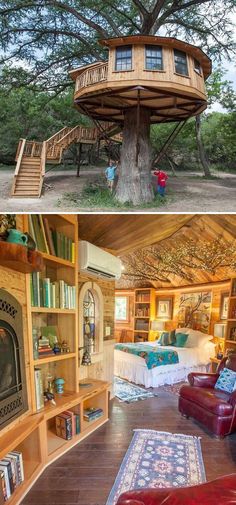 the inside and outside of a tree house