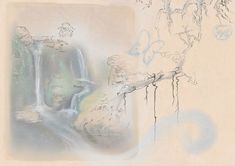 a drawing of a waterfall with trees in the background