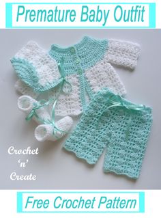 the crochet baby outfit is shown in three different colors