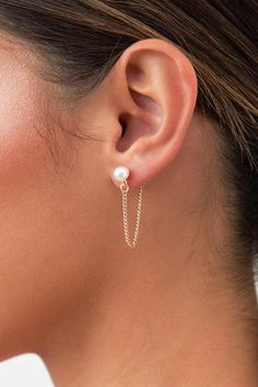 Gold Metal Earrings With Pearl Chain As Gift, Metal Earrings With Pearl Chain For Gift, Metal Pearl Chain Earrings As Gift, Metal Drop Earrings With Pearl Chain, Dainty Chain Drop Earrings Jewelry, White Metal Chain Earrings, Dainty Drop Chain Earrings, Elegant White Chain Earrings, White Chain Earrings As Gift