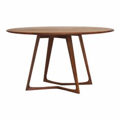 a round wooden table with two intersecting legs