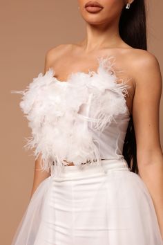 Available In Pink And White. Tube Top Strapless Back Zipper Feathered Imported Shell 95% Nylon 5% Spandex Contrast 100% Polyester Imported | Anjelica Feathered Top in White size Small by Fashion Nova White Tube Top, White Tube, Feather Tops, Top Strapless, White Fashion, Pink And White, Tube Top, One Shoulder Wedding Dress, Fashion Nova