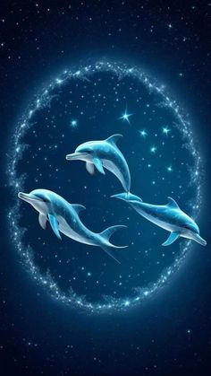 three dolphins are swimming in the blue water with stars around them and on their backs