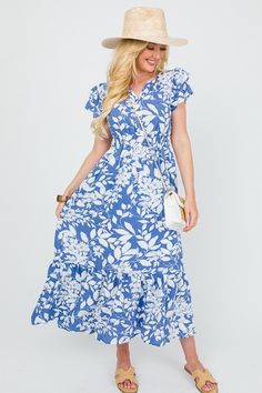 Cynthia Floral Maxi, Blue - New Arrivals - The Blue Door Boutique Blue V-neck Maxi Dress With Elastic Waistband, Blue Maxi Dress With Elastic Waistband For Vacation, Blue Maxi Dress With Elastic Waistband, Casual Blue Maxi Dress With Elastic Waistband, Blue Flutter Sleeve Maxi Dress For Vacation, Blue Ruffle Sleeve Dress With Floral Print, Blue Floral Print Dress With Ruffle Sleeves, Floral Print Maxi Dress With Ruffle Sleeves For Vacation, Casual Maxi Dress With Floral Print And Flutter Sleeves