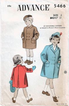 ADVANCE 5466: Use this very early 1950s vintage sewing pattern for young boys and girls to sew a a classic coat or overcoat with chesterfield style. SIZE INFORMATION: Boy Girl Size 2 Chest 21 inches Waist 20 inches PATTERN CONDITION: COMPLETE, UNUSED Includes instructions and all pattern pieces (unprinted, precut, and in original folds) GARMENT INFORMATION: Coat details: - two-piece long raglan sleeves with fold-back cuffs - jewel neckline with peter pan collar - center back inverted pleat - pat Boys Coat Size 10, Boys Trench Coat, 1950s Children Fashion, Kids Trench Coat, Vintage Sewing Patterns Child, Chesterfield Coat, Coat Pattern Sewing, Trench Coat Outfit, Vintage Boys