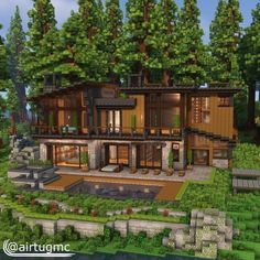 a very nice looking house in the middle of some trees and bushes with lots of windows