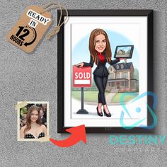 a caricature of a woman holding a sold sign next to a real estate