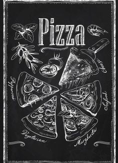 hand drawn pizza menu on blackboard with chalk drawing style and lettering, in the shape of