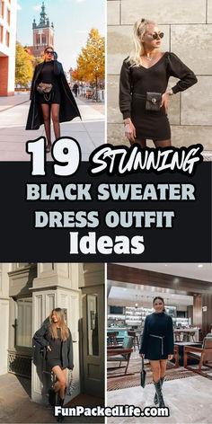 Image features four stylish black sweater dress outfit ideas for women, showcasing versatile winter looks. The text '19 Stunning Black Sweater Dress Outfit Ideas' is prominently displayed in bold colors. Outfits include a sleek black dress paired with a long coat and polka-dot tights, a puff-sleeve sweater dress with a belt bag, a casual layered look with boots, and a chic mini dress styled with tall boots. Black Turtleneck Dress Accessories, Black Jersey Dress Outfit Winter, Black Sweater Dress With Tights And Boots, Black Collared Dress Outfits, Short Black Sweater Dress Outfit, Black Rib Knit Dress Outfit, Black Dress With Combat Boots Outfit, Sweater Dress Looks, Black Long Sweater Dress Outfit