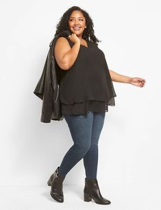 Available in Plus Size. Airy layered hem meets chic chiffon for a versatile everyday essential you can wear all year-round. Layer up with a cardi when temps get low, or wear solo when it's warm.  V-neck. Sleeveless. Double layer hem. Woven chiffon fabric. Longer length is perfect for added coverage with skinny jeans and leggings. SWING: Our just-right full swing perfectly flatters your curves.Item Number #378021Front Body Length From Shoulder: 30" (On Size 18), Petite Length: 28.75" (On Size 18) Bra Cup Sizes, Cotton Bras, Plus Size Top, Chiffon Fabric, Lane Bryant, Item Number, Double Layer, Everyday Essentials Products, Sleeveless Top