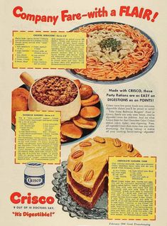 an old advertisement from the 1950's shows different types of food and their names