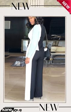 Autumn White and Black Contrast V-neck Blouse and Pants 2 Piece Formal Suit Chic Two-piece Long Sleeve Pantsuit, Chic Black Long Sleeve Set, Black Long Sleeve Office Sets, Black Two-piece Long Sleeve Set, Chic Black V-neck Sets, Chic Long Sleeve Two-piece Pantsuit, Elegant Black Pant Set For Work, Chic Two-piece Long Sleeve Pant Set, Black Office Sets For Spring