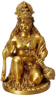 a golden statue of a person sitting in the middle of a white background with one hand on his hip