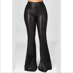 Black Faux Leather Flare Pants. Never Worn. Smoke Free Home Sleek Black Faux Leather Bottoms, Black Leather Bottoms For Going Out, Black Leather Pants For Date Night, Black Faux Leather Pants For Going Out, Leather Flare Pants, Blue Flare Jeans, Black Leather Pants, Black Flare, Concert Outfits