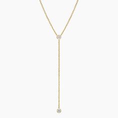 Lab Diamond Bezel Lariat Necklace - 14K Yellow Gold. A chic classic, this lariat necklace features two bezel-set lab diamonds gracefully resting on a chain that can be adjusted to 18, 19, or 20 inches to suit individual preference (1/5 total carat weight). Classic Formal Lariat Necklace With Clavicle Chain, Classic White Gold Lariat Necklace, Formal Yellow Gold Backdrop Necklace With Clavicle Chain, Classic Formal Lariat Necklace With Adjustable Chain, Classic Long Drop Lariat Necklace For Formal Occasions, Formal Yellow Gold Backdrop Necklace With Delicate Chain, Classic Long Drop Lariat Necklace For Formal Events, Formal Yellow Gold Backdrop Necklace, Minimalist Lariat Diamond Necklace For Formal Events