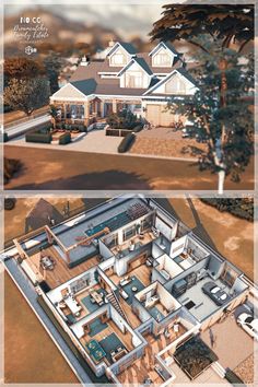 an aerial view of a large house in the middle of two different pictures, one is shown