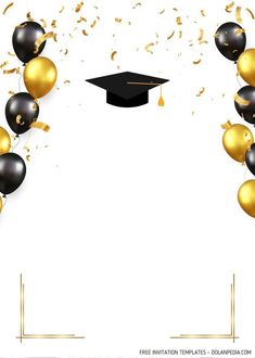 black and gold balloons with confetti in the shape of a graduation cap on a white background