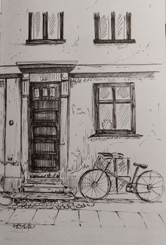 a drawing of a bicycle parked in front of a building next to a door and window