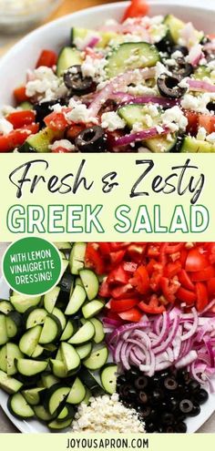 fresh and zesty greek salad with cucumbers, tomatoes, black olives, red onion, feta cheese in a white bowl