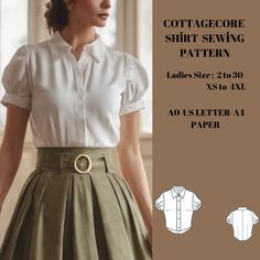 a woman wearing a white shirt and green skirt, with the text cottage sewing pattern ladies's size 20 - 30