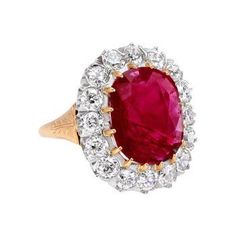 4.70 Ct Cushion Ruby With Diamonds Engagement Ring Yellow Gold 14K Aqeeq Ring, Yellow Gold Diamond Engagement Ring, Burmese Ruby, Vintage Art Deco Rings, Yellow Engagement Rings, Ruby Diamond Rings, Diamonds Ring, Ruby Diamond, Diamond Cluster Ring