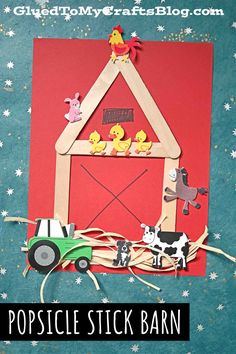 popsicle stick barn craft for kids to make with construction paper and construction toys on it