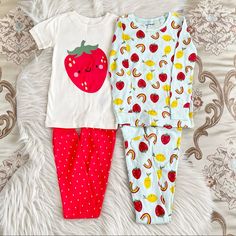 Brand: Old Navy Size: 5 Qty: 4-Piece Color: Red, Yellow Aqua & Ivory Material: 100% Cotton Details: New With Tag. Strawberry, Lemon & Rainbow Print Pattern. Short Sleeve & Long Sleeve Tops. Full Length Leggings. Snug Fit. Smoke & Pet Free Home. Offers Welcome. Playful Red Sleepwear For Pajama Party, Red Bedtime Sets For Spring, Playful Red Loungewear Sets, Cute Red Cotton Sleepwear, Playful Red Sleepwear For Sleepovers, Playful Red Sleepwear For Sleepover, Playful Red Sleepwear Sets, Red Playful Sleepwear Sets, Playful Red Sleep Sets