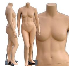 a female mannequin with no shirt standing on a black stand next to another dummy