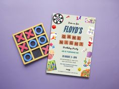 a flyer for a game night is shown next to a wooden toy and magnets