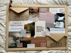 a collage of paper, pictures and words on a sheet of white fabric with flowers