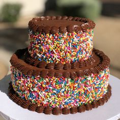 two tiered cake with chocolate frosting and sprinkles