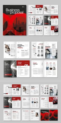 a large group of brochures with red and black designs