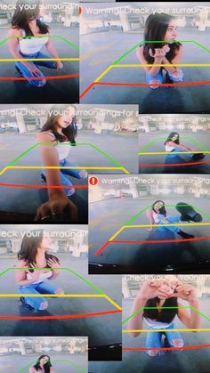 multiple images of a woman sitting on the ground with her hands in her hair and wearing blue shorts