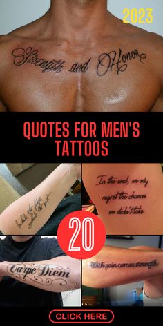 men's tattoos with different sayings on their arms and chest, which include the names