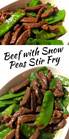 beef with snow peas stir fry in a white bowl