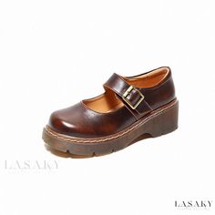 Lasaky - Chic Strap Mary Jane Shoes by Footmotion Academy Casual Brown Flat Mary Janes, Casual Brown Flat Heel Mary Janes, Casual Brown Closed Toe Mary Janes, Casual Brown Mary Janes With Flat Heel, Brown Slip-on Heels With Round Toe, Casual Heels With Leather Sole And Round Toe, Casual Round Toe Heels With Leather Sole, Casual Brown Slip-on Mary Janes, Casual Leather Mary Janes With Platform