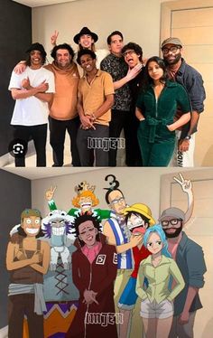 two pictures, one with people and the other has an image of cartoon characters on it