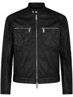 jet black calf leather pebbled texture tonal stitching silver-tone hardware pleat detailing stand-up collar front two-way zip fastening long sleeves cuff zips two zip-fastening chest pockets straight hem Zip Up Leather Jacket, Biker Leather, Balenciaga Triple S, Leather Jacket Black, Short Suit, Derby Shoes, Sweaters Knitwear, Mens Outerwear, Jet Black