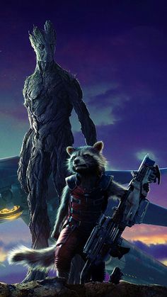 rocket raccoon and grooter in the background with an alien like creature