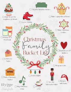 the christmas family bucket list is filled with holiday items and decorations, such as gifts