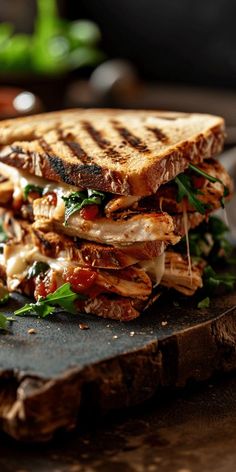 a grilled sandwich with meat and vegetables on a cutting board