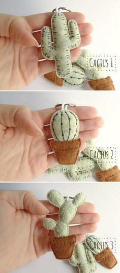 three images show how to make an ornament for a stuffed cactus with the words cactus written on it