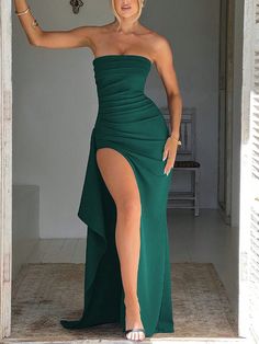 Vestido Feminino de Festa com Fenda e Babado Sem Alças em Cor Sólida Verde Escuro   Sem Mangas Tecido de malha Simples Em A Elasticidade Média  Weddings & Events, size features are:Bust: ,Length: ,Sleeve Length: Forest Green Formal Dress, 25 Birthday, Pleated Party Dress, Split Long Dress, Backless Evening Dress, 파티 드레스, فستان سهرة, Long Summer Dresses