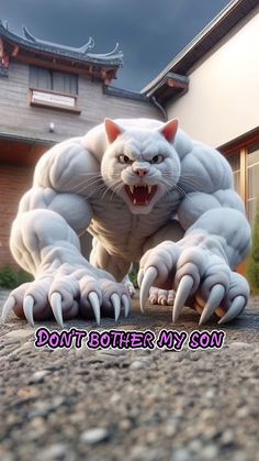 a white cat with claws on it's face and mouth is standing in front of a house